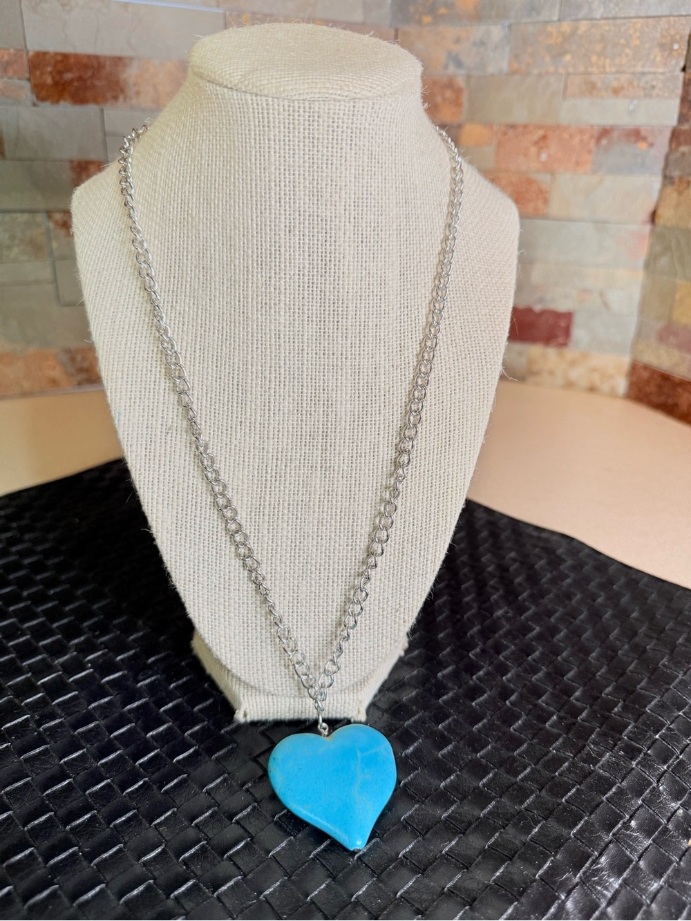 Homemade Silver-toned Chain Necklace with Turquoise Blue Heart Pendant